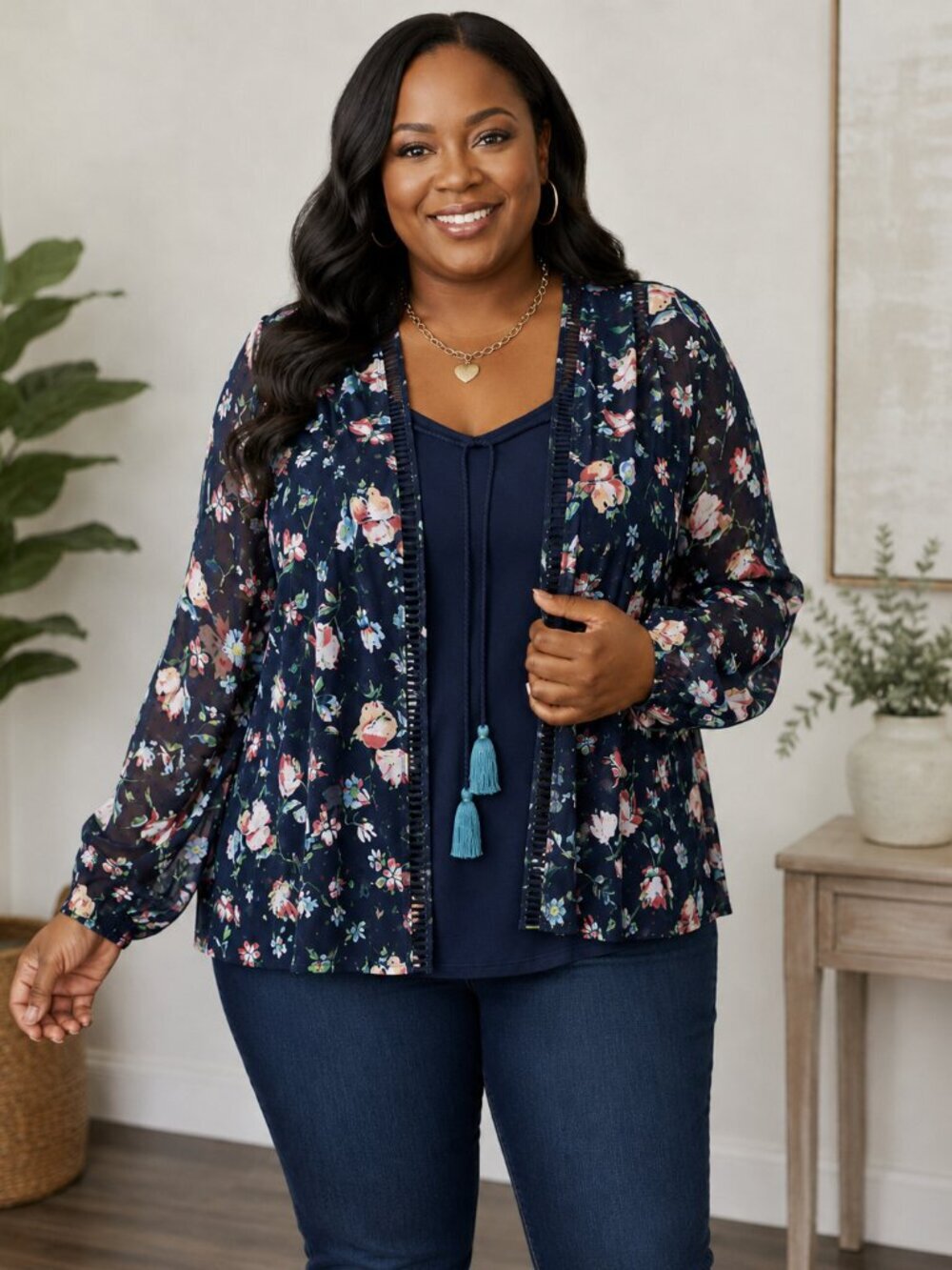 Navy Floral Sheer Layered Top – Size XL